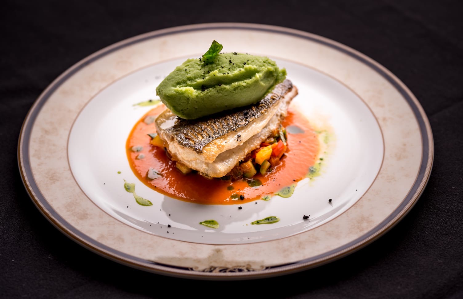 Sea Bass with basil mash and vegetable ratatouille