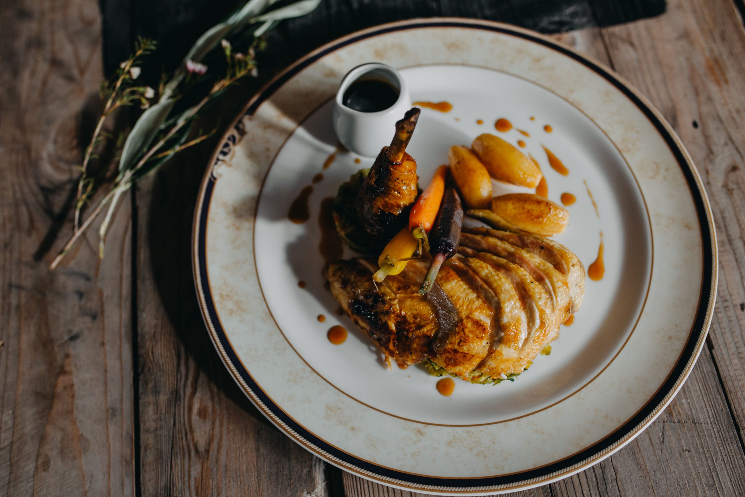 Chicken with heritage carrots and roasted potatoes
